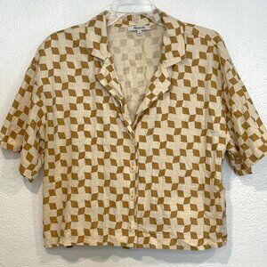 Madewell Crop Top Button Front Brown Ivory Geo Checkerboard Cotton Womens Large